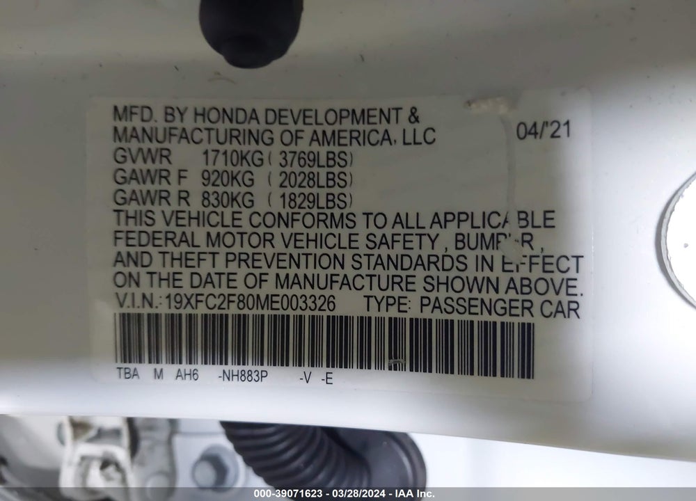 2021 HONDA CIVIC SPORT VIN: 19XFC2F80ME003326