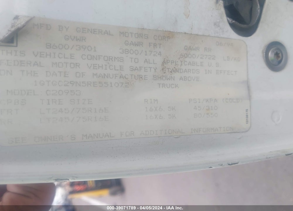 1994 GMC SIERRA C2500 VIN: 1GTGC29N5RE551072