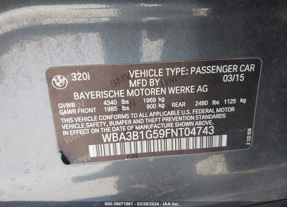 2015 BMW 320I VIN: WBA3B1G59FNT04743