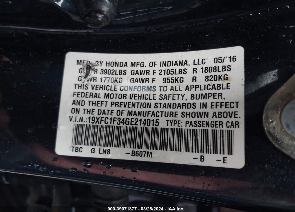2016 HONDA CIVIC EX-T VIN: 19XFC1F34GE214015
