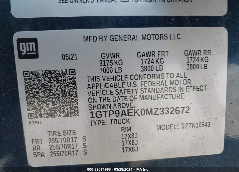 2021 GMC SIERRA 1500 4WD  SHORT BOX VIN: 1GTP9AEK0MZ332672