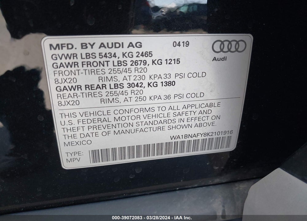 2019 AUDI Q5 45 PREMIUM VIN: WA1BNAFY8K2101916