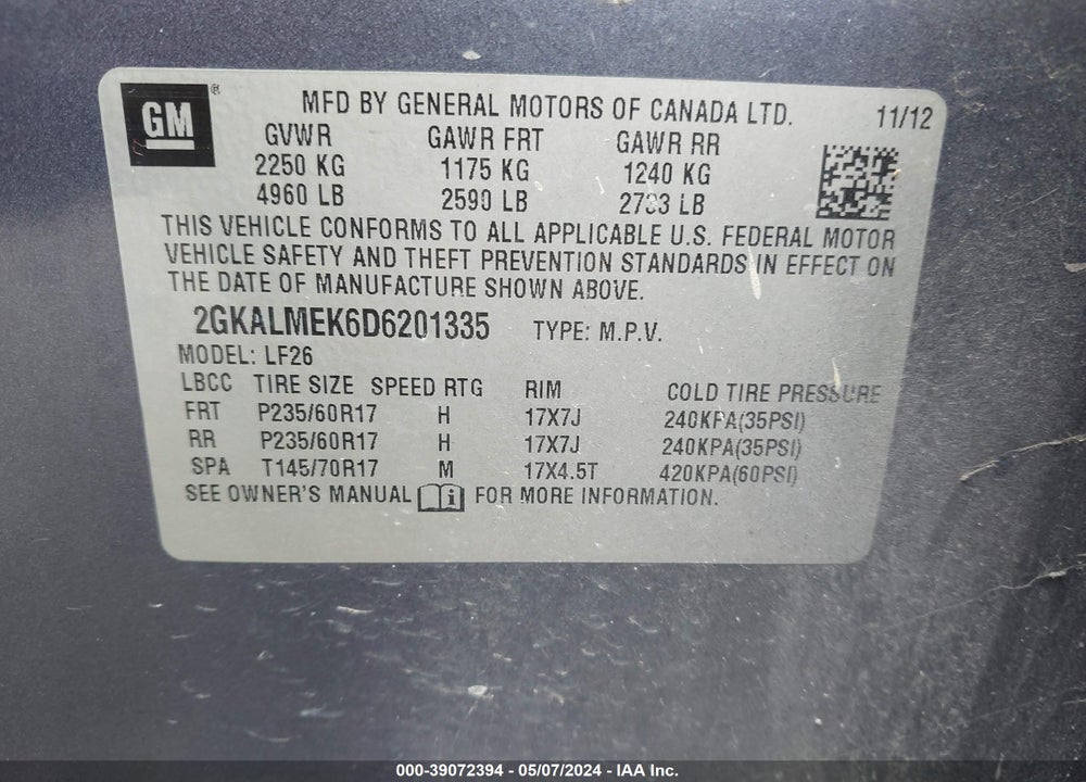 2013 GMC TERRAIN SLE-1 VIN: 2GKALMEK6D6201335
