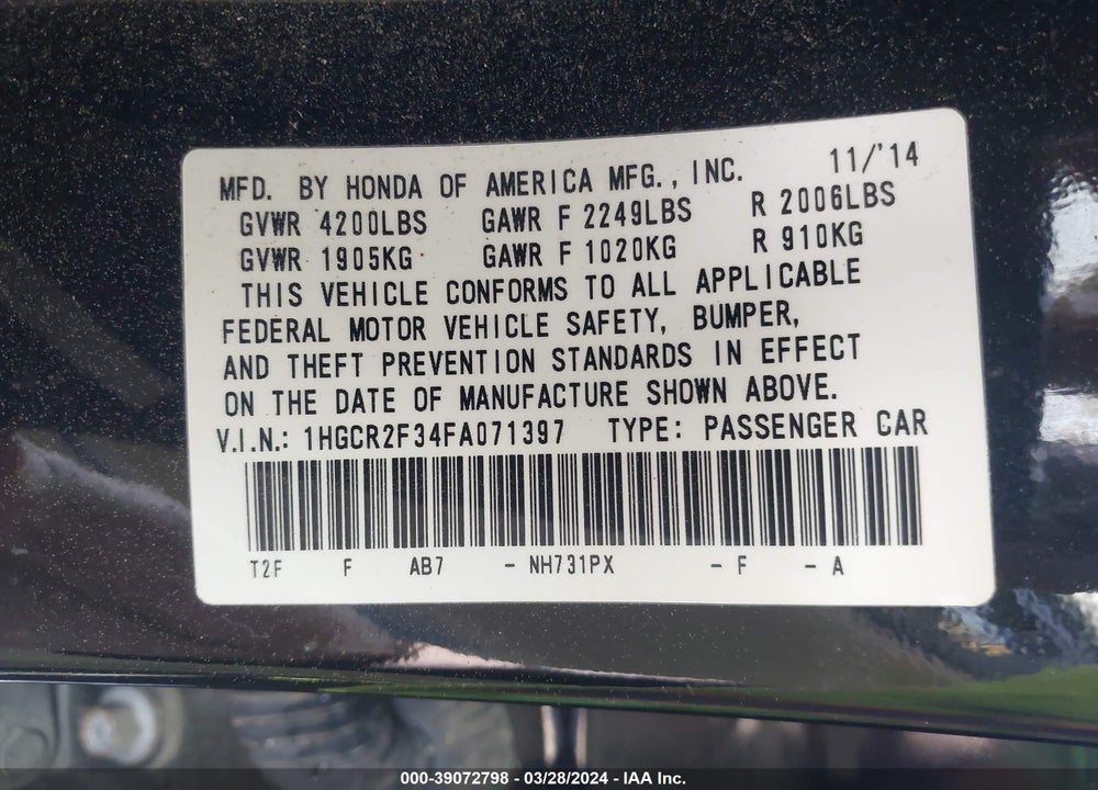 2015 HONDA ACCORD LX VIN: 1HGCR2F34FA071397