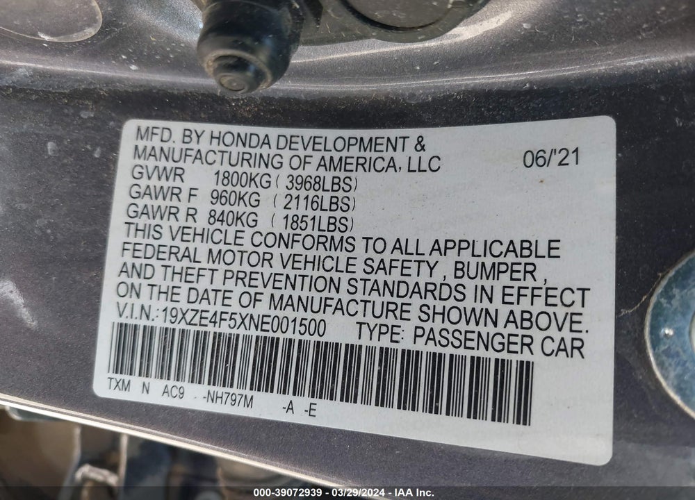 2022 HONDA INSIGHT EX VIN: 19XZE4F5XNE001500