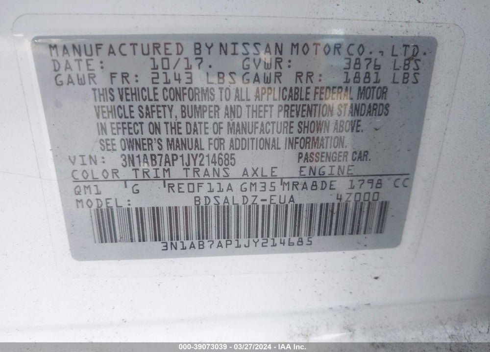 2018 NISSAN SENTRA SV VIN: 3N1AB7AP1JY214685