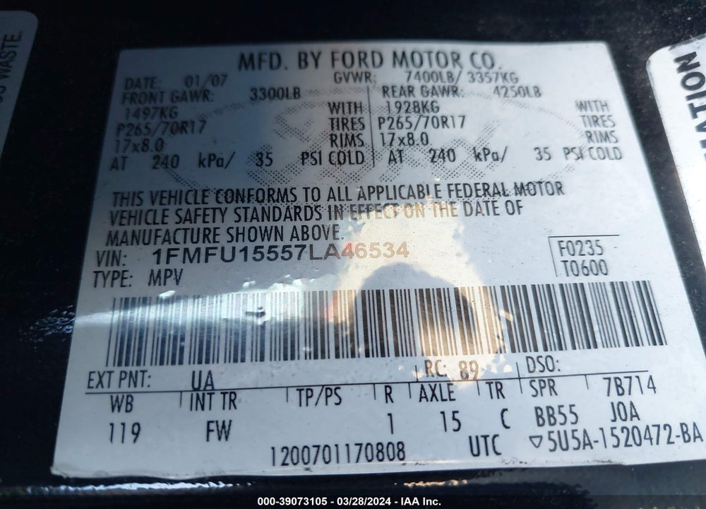 2007 FORD EXPEDITION XLT VIN: 1FMFU15557LA46534