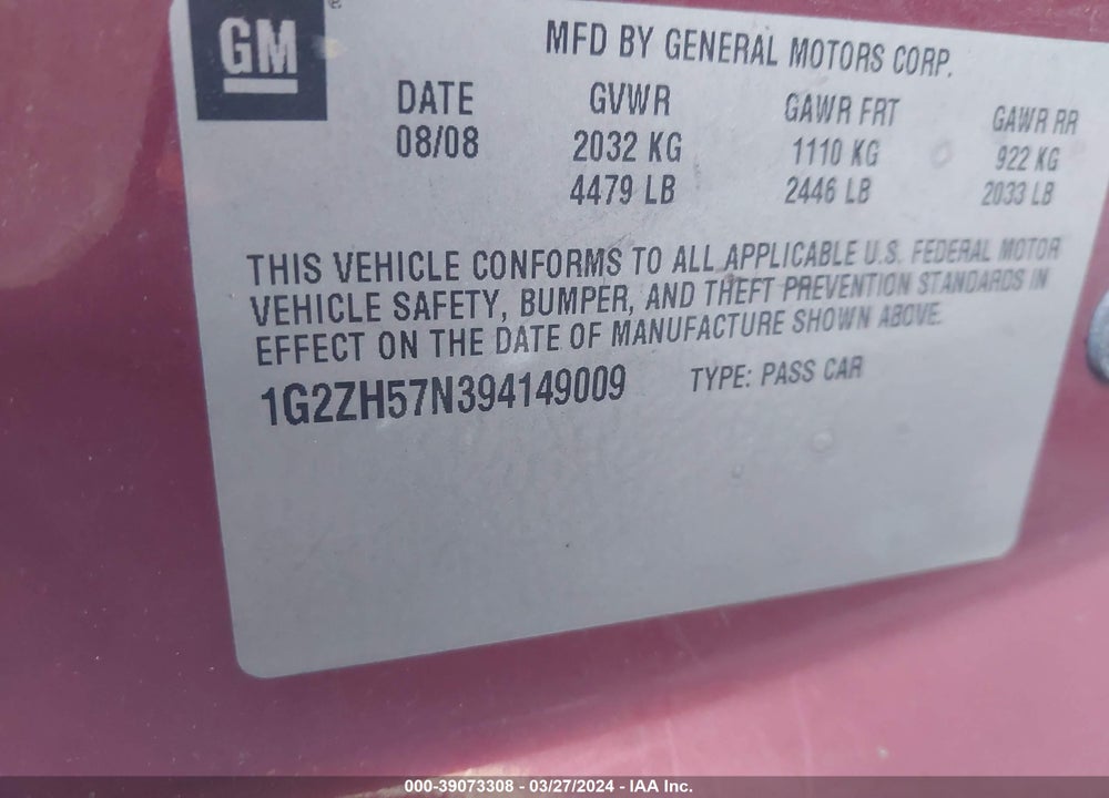 2009 PONTIAC G6 GT VIN: 1G2ZH57N394149009