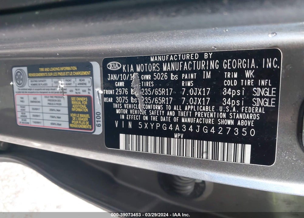 2018 KIA SORENTO 2.4L L VIN: 5XYPG4A34JG427350