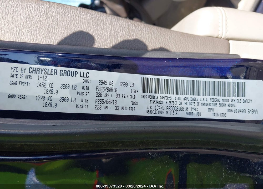 2012 DODGE DURANGO SXT VIN: 1C4RDHAG5CC216810