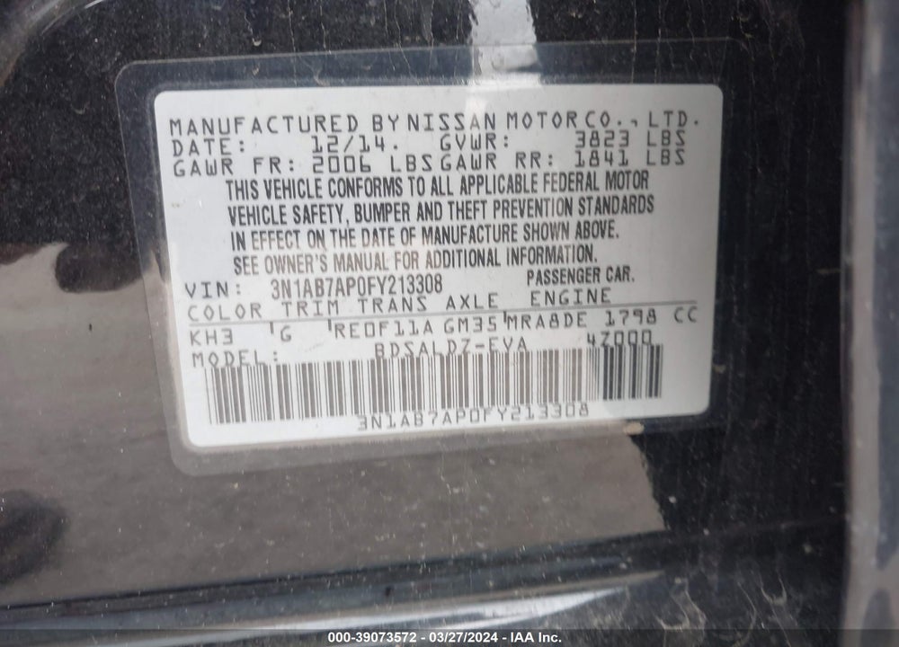 2015 NISSAN SENTRA VIN: 3N1AB7AP0FY213308