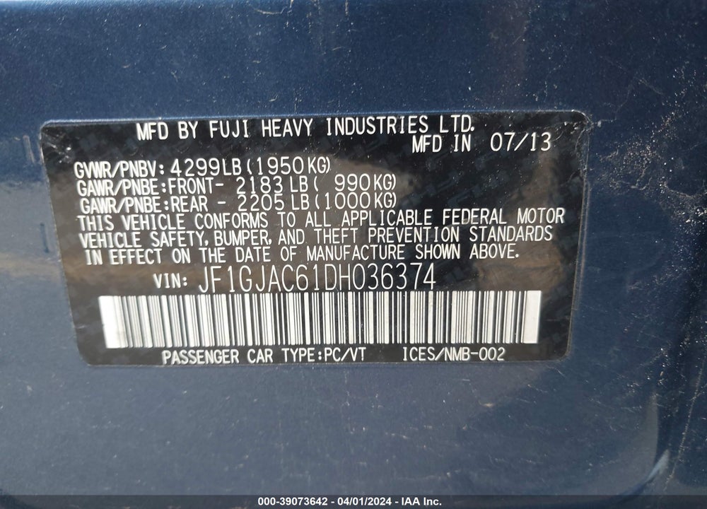 2013 SUBARU IMPREZA 2.0I PREMIUM VIN: JF1GJAC61DH036374