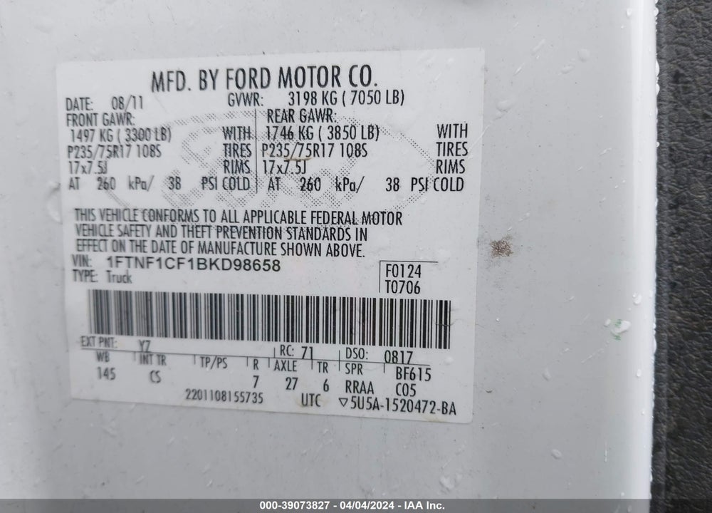 2011 FORD F-150 VIN: 1FTNF1CF1BKD98658