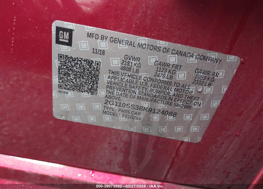 2019 CHEVROLET IMPALA PREMIER VIN: 2G1105S38K9124088