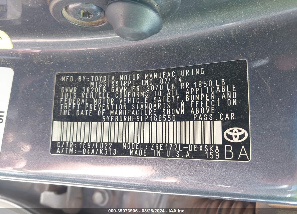 2014 TOYOTA COROLLA S PLUS VIN: 5YFBURHE9EP166550