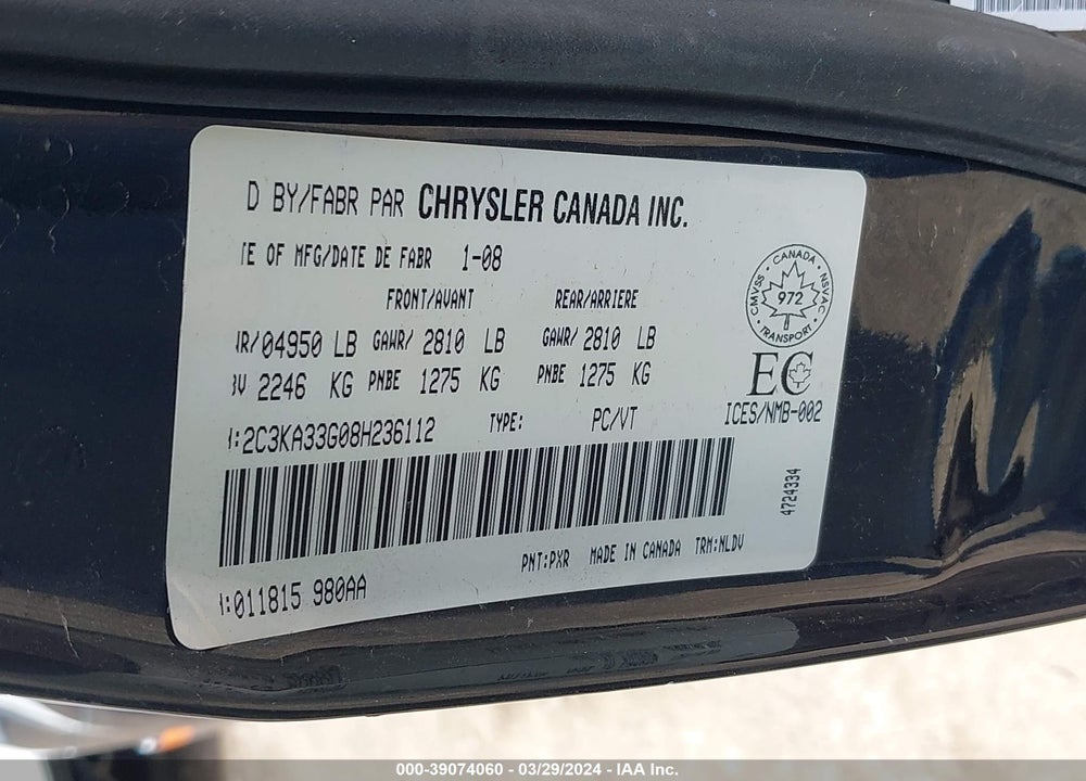 2008 CHRYSLER 300 VIN: 2C3KA33G08H236112