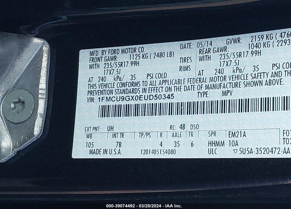 2014 FORD ESCAPE SE VIN: 1FMCU9GX0EUD50345