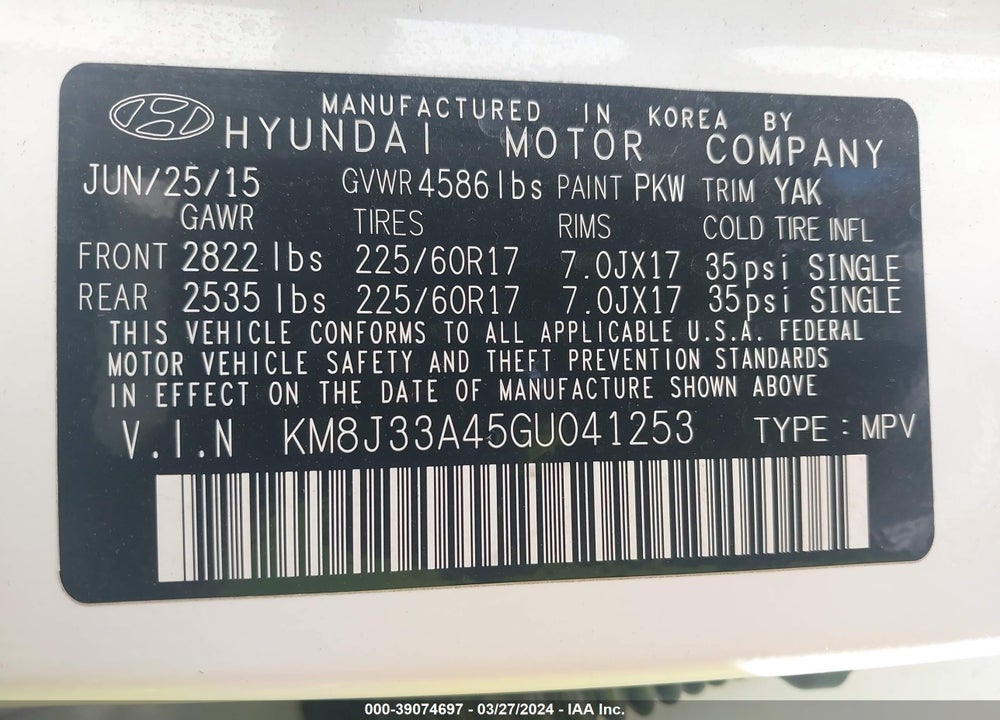 2016 HYUNDAI TUCSON SE VIN: KM8J33A45GU041253