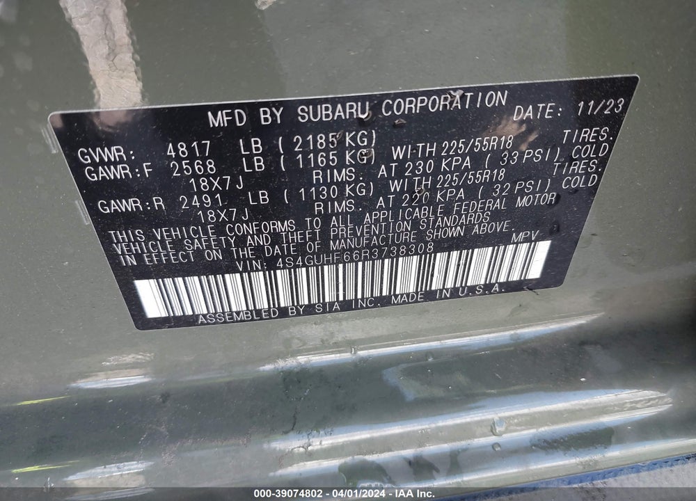 2024 SUBARU CROSSTREK SPORT VIN: 4S4GUHF66R3738308