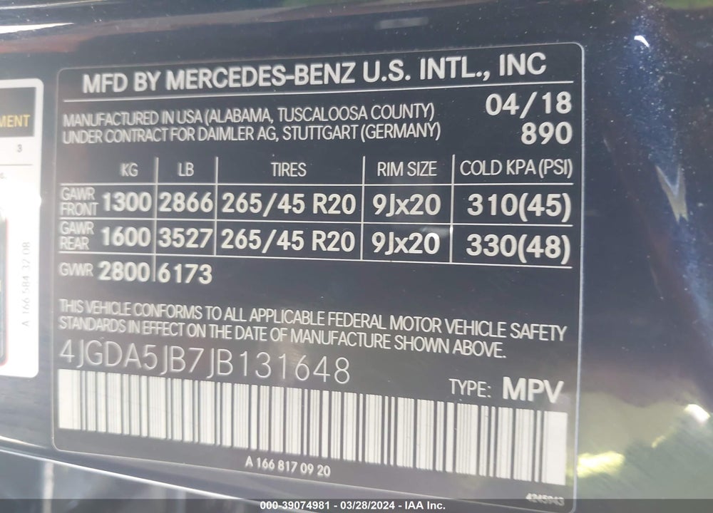 2018 MERCEDES-BENZ GLE 350 VIN: 4JGDA5JB7JB131648