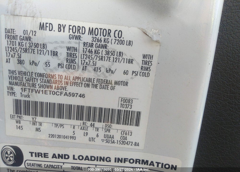 2012 FORD F-150 FX4/KING RANCH/LARIAT/PLATINUM/XL/XLT VIN: 1FTFW1ET0CFA59746