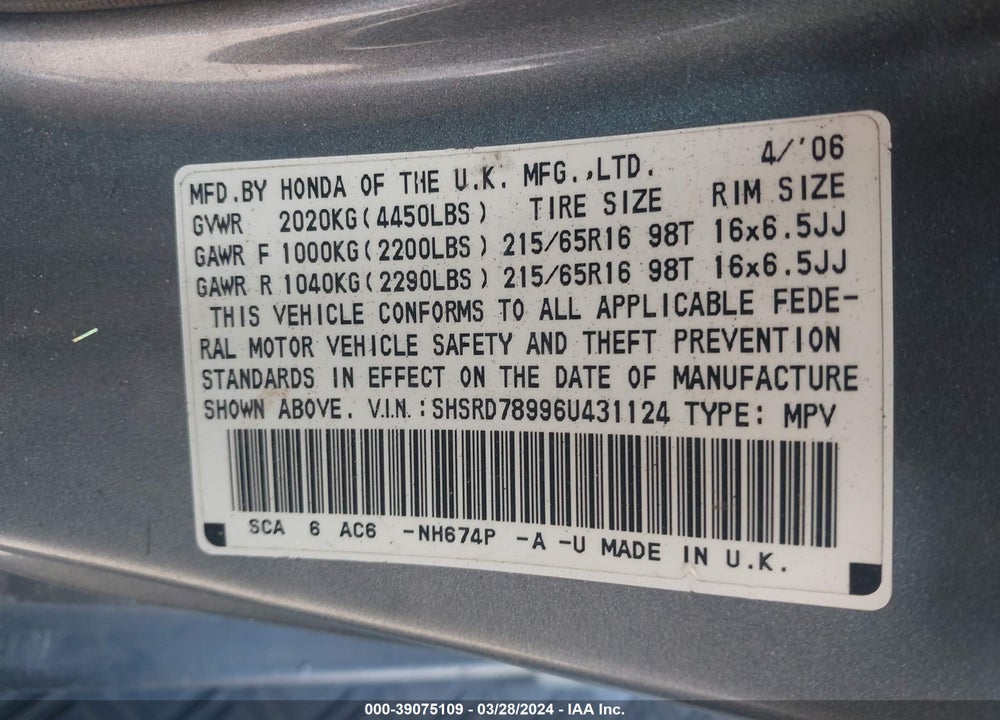 2006 HONDA CR-V SE VIN: SHSRD78996U431124