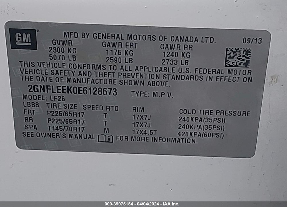 2014 CHEVROLET EQUINOX LS VIN: 2GNFLEEK0E6128673
