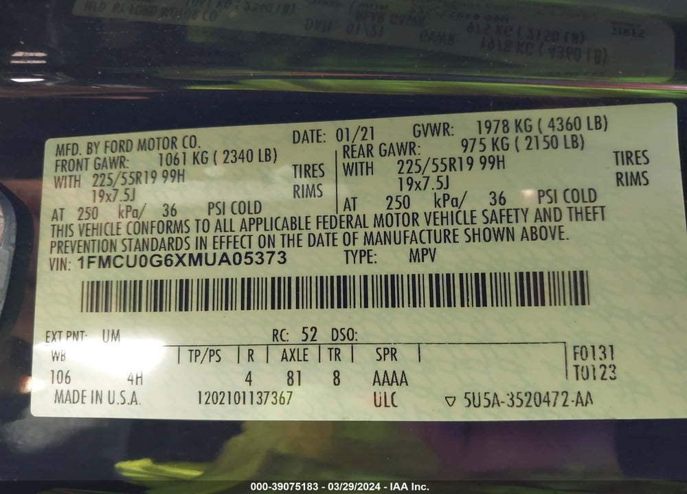 2021 FORD ESCAPE SE VIN: 1FMCU0G6XMUA05373