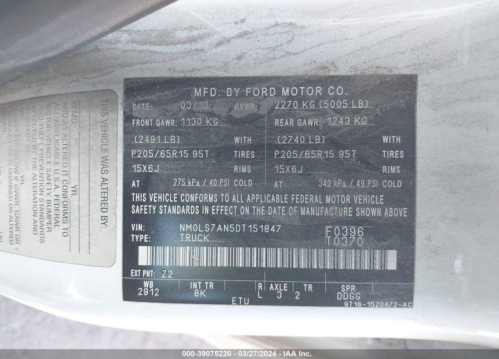 2013 FORD TRANSIT CONNECT XL VIN: NM0LS7AN5DT151847