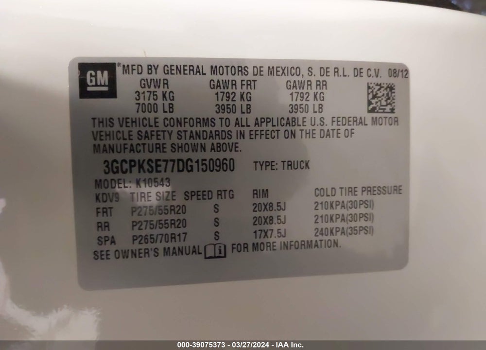 2013 CHEVROLET SILVERADO 1500 LT VIN: 3GCPKSE77DG150960
