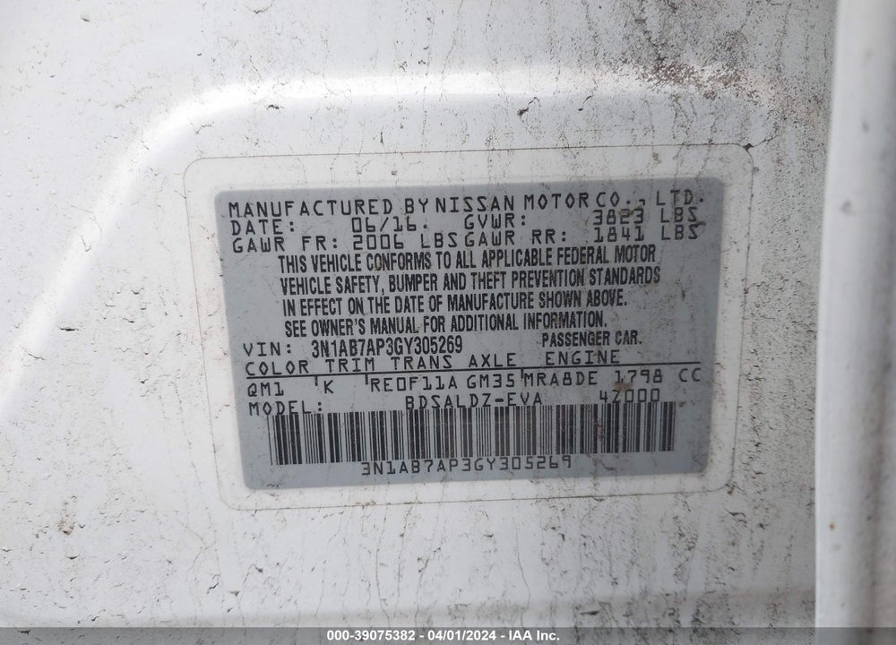 2016 NISSAN SENTRA SV VIN: 3N1AB7AP3GY305269