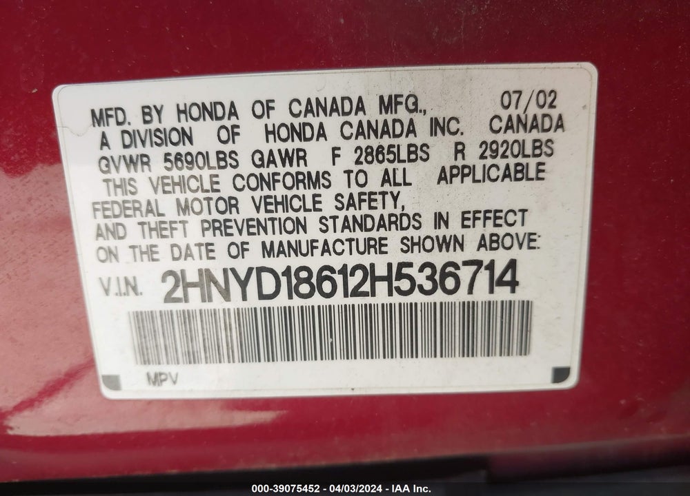 2002 ACURA MDX VIN: 2HNYD18612H536714