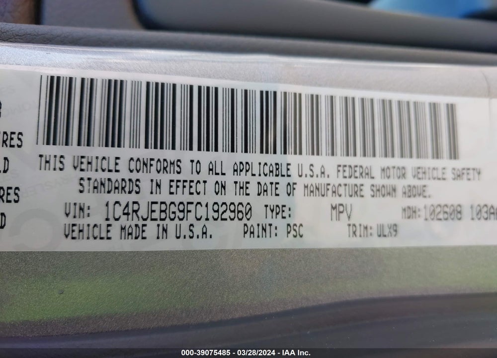 2015 JEEP GRAND CHEROKEE VIN: 1C4RJEBG9FC192960