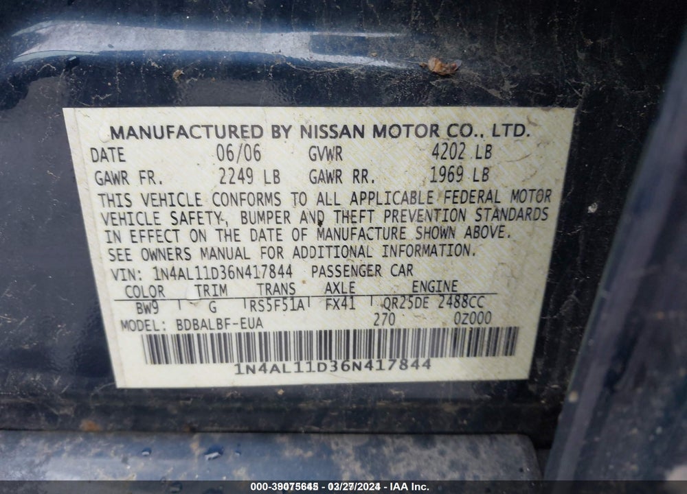 2006 NISSAN ALTIMA 2.5 S VIN: 1N4AL11D36N417844