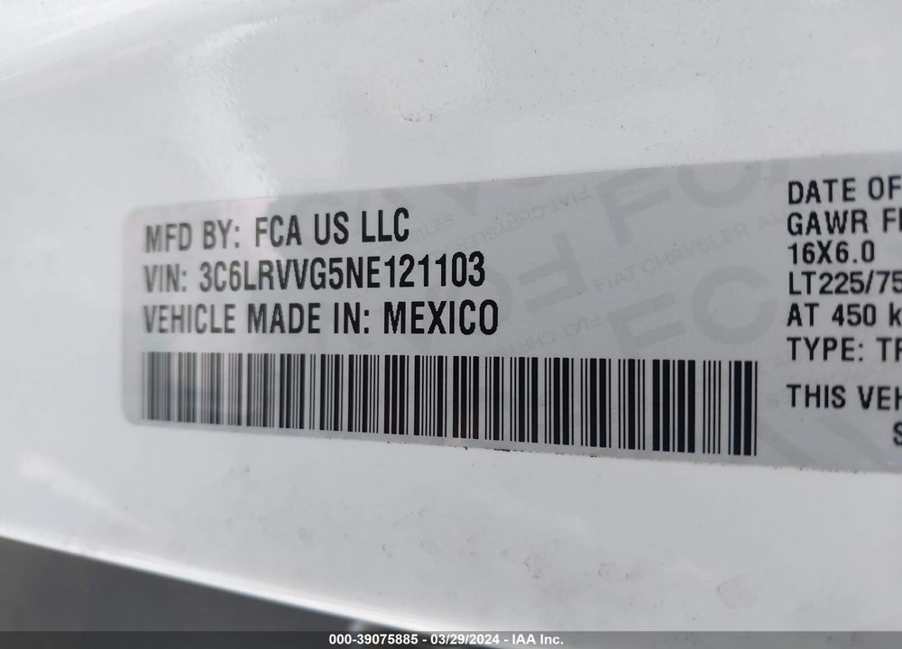 2022 RAM PROMASTER 2500 LOW ROOF 136 WB VIN: 3C6LRVVG5NE121103