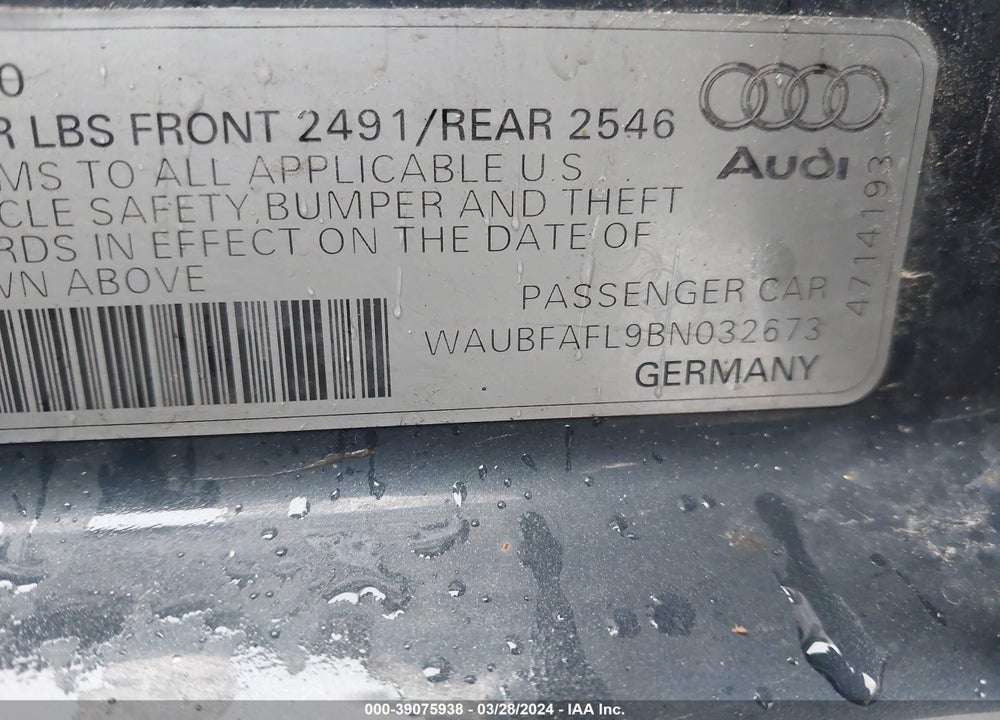 2011 AUDI A4 2.0T PREMIUM VIN: WAUBFAFL9BN032673