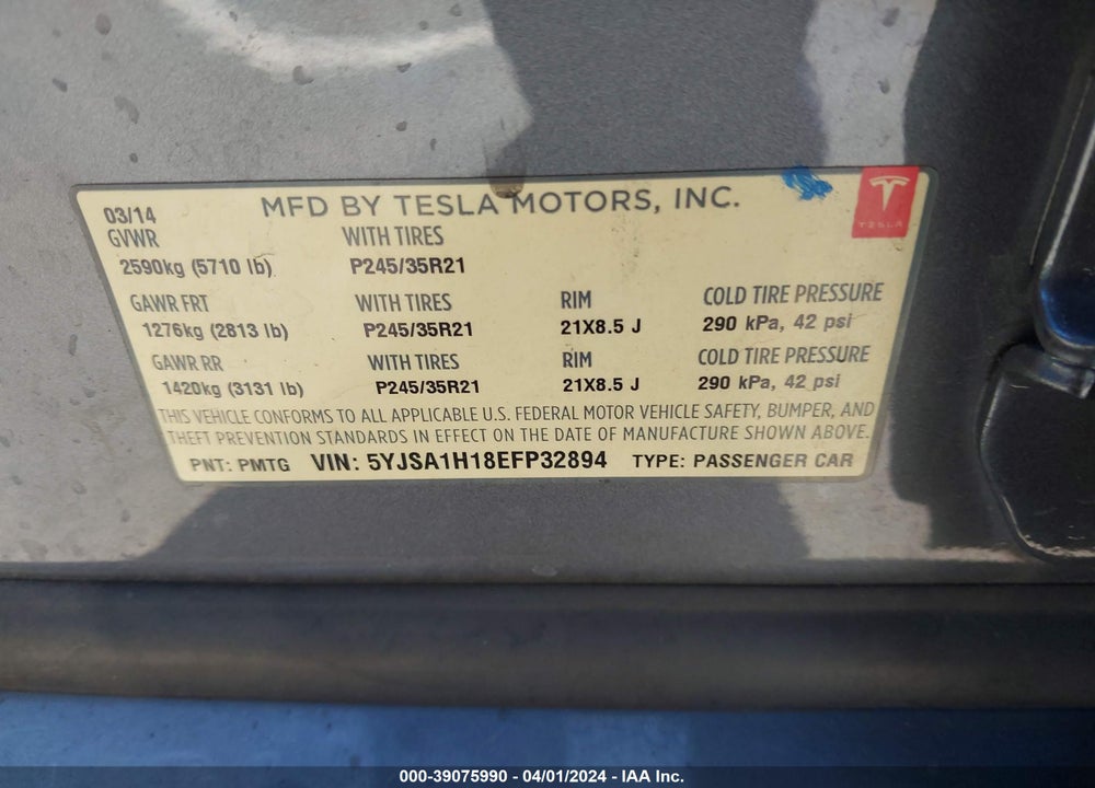 2014 TESLA MODEL S P85 VIN: 5YJSA1H18EFP32894