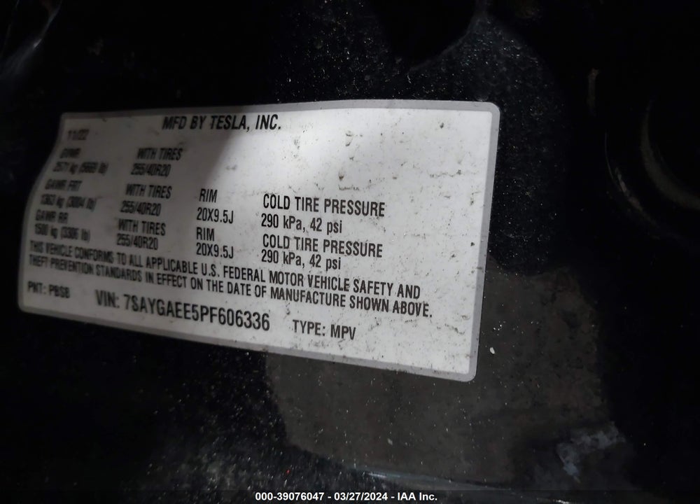 2023 TESLA MODEL Y VIN: 7SAYGAEE5PF606336
