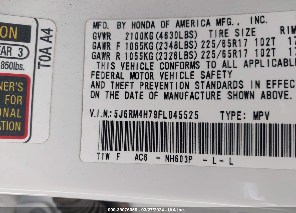 2015 HONDA CR-V EX-L VIN: 5J6RM4H79FL045525