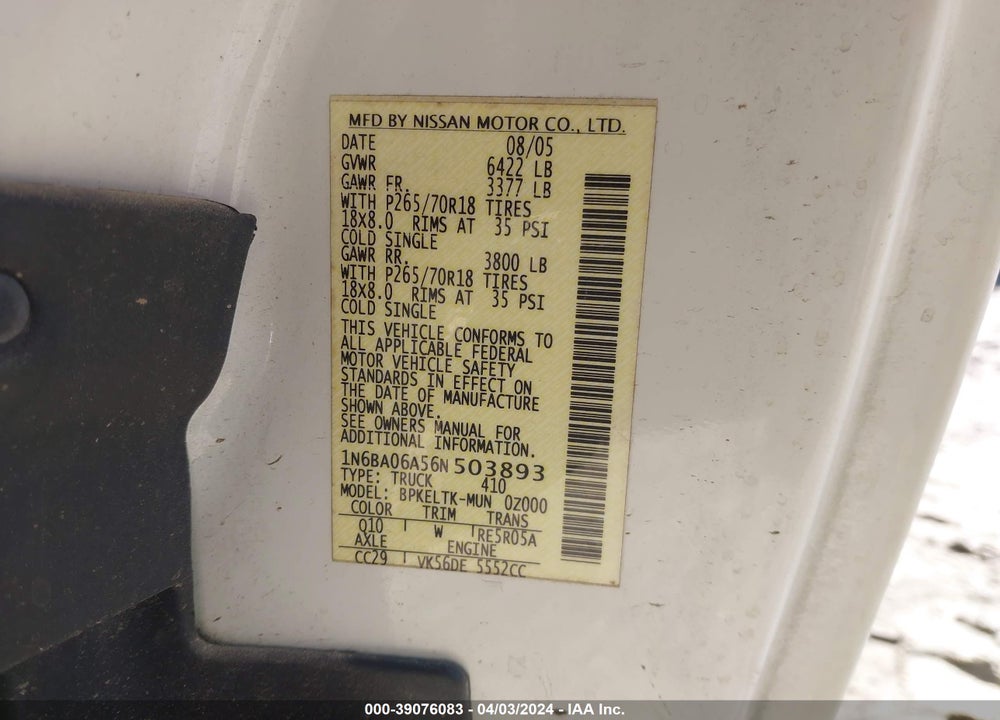 2006 NISSAN TITAN SE VIN: 1N6BA06A56N503893