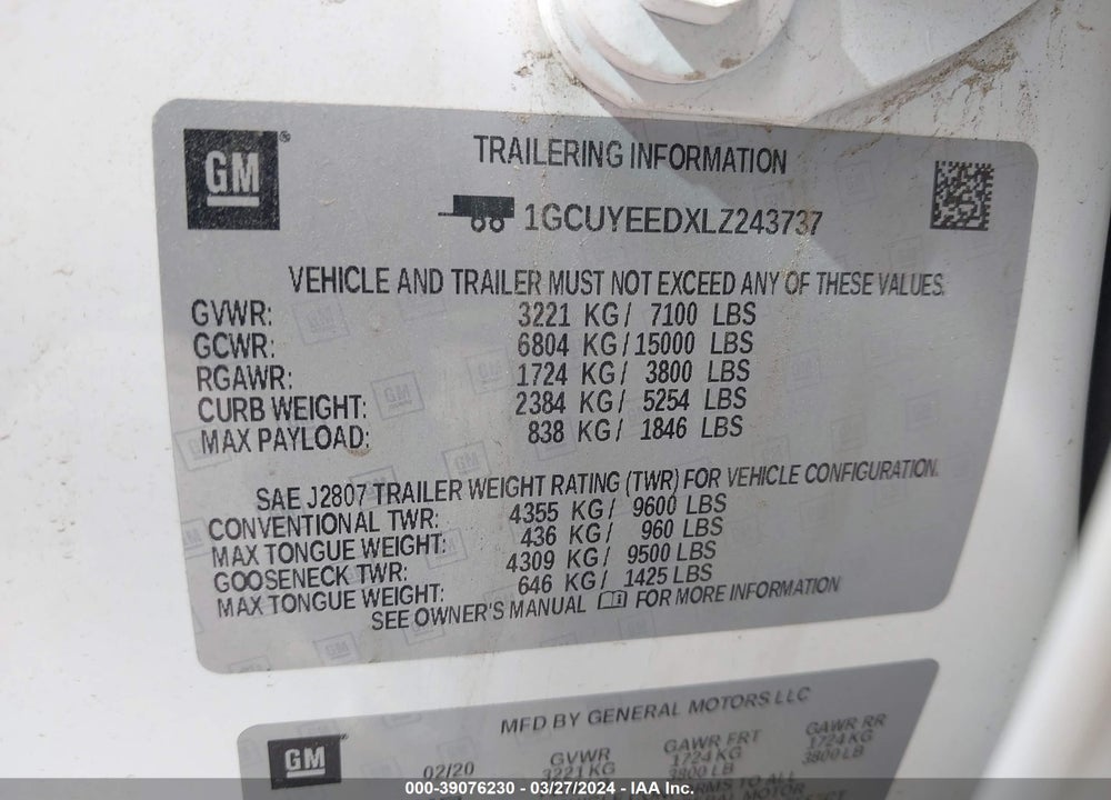 2020 CHEVROLET SILVERADO 1500 VIN: 1GCUYEEDXLZ243737