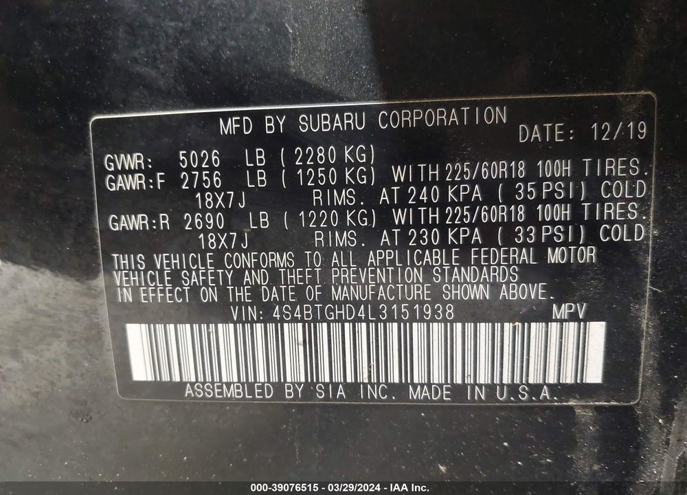 2020 SUBARU OUTBACK ONYX EDITION XT VIN: 4S4BTGHD4L3151938