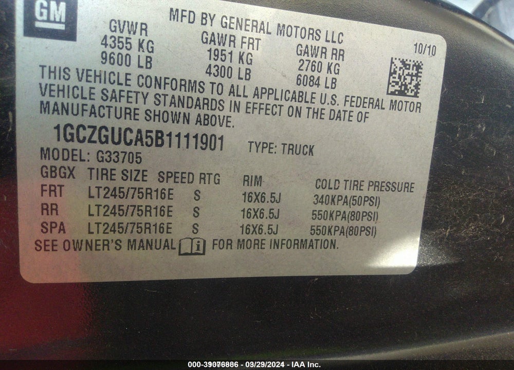 2011 CHEVROLET EXPRESS 3500 WORK VAN VIN: 1GCZGUCA5B1111901