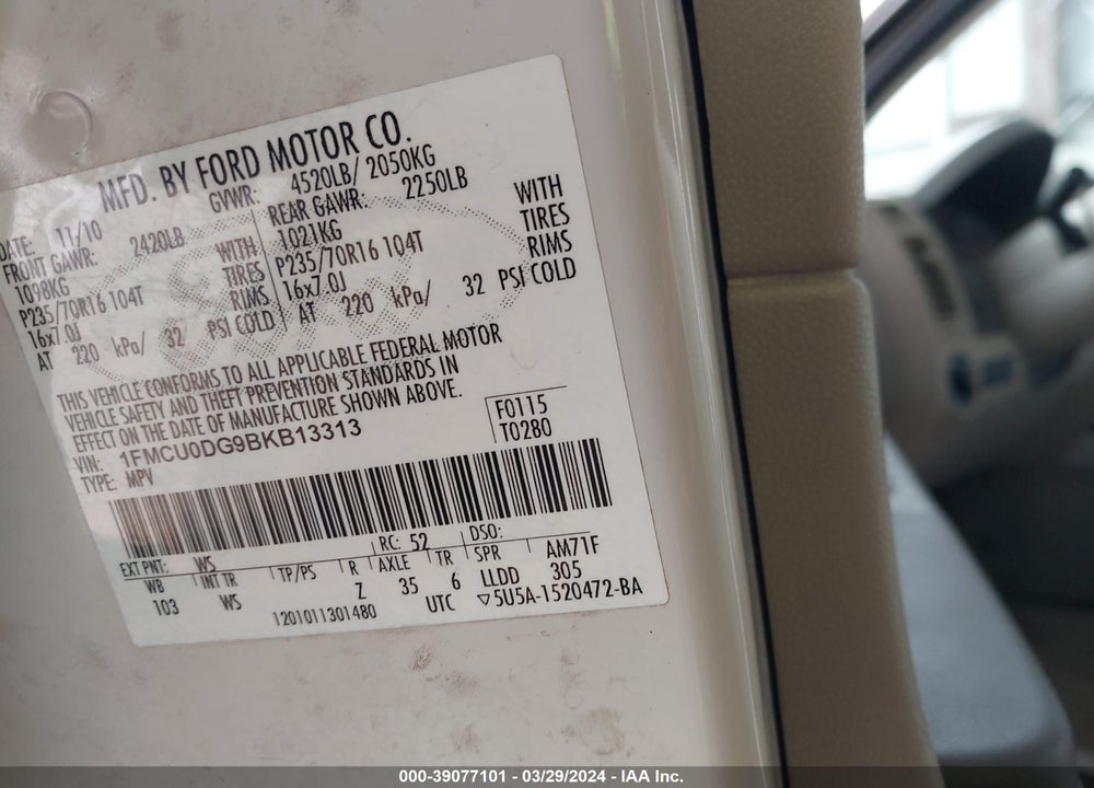 2011 FORD ESCAPE XLT VIN: 1FMCU0DG9BKB13313