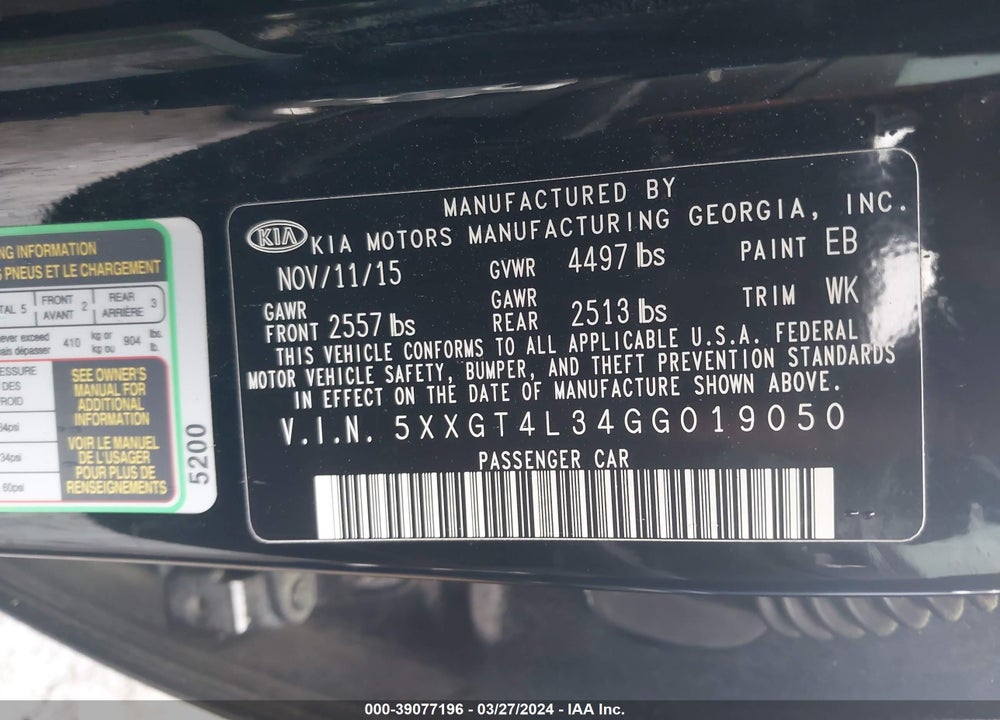 2016 KIA OPTIMA LX VIN: 5XXGT4L34GG019050