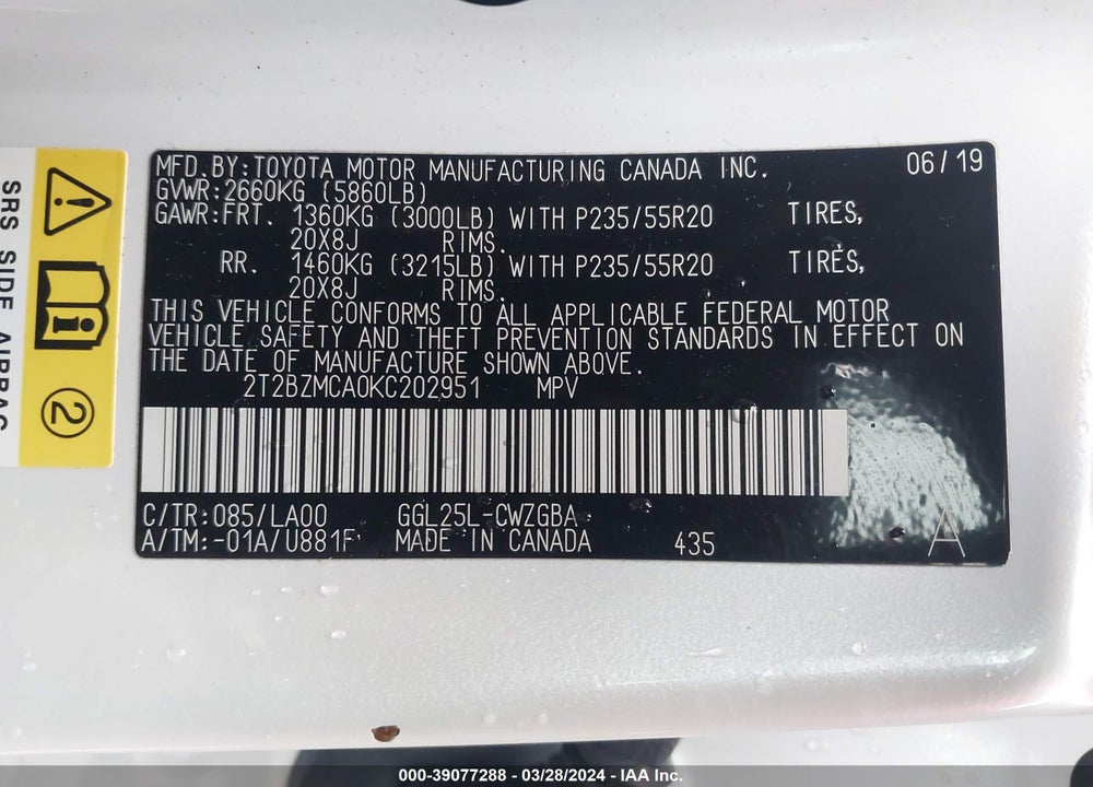 2019 LEXUS RX 350 VIN: 2T2BZMCA0KC202951