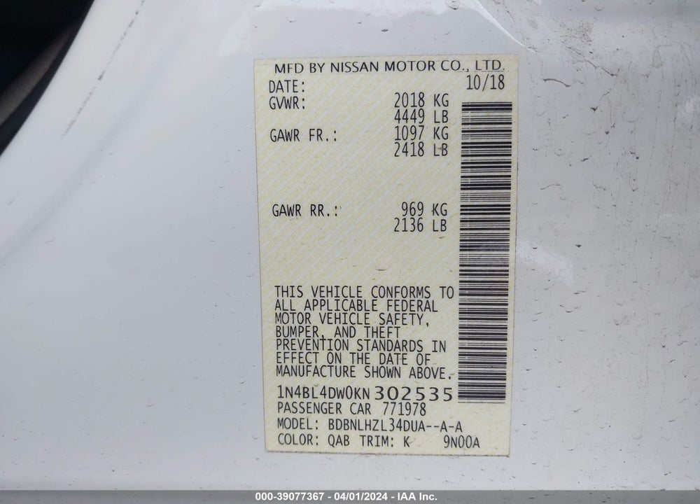 2019 NISSAN ALTIMA 2.5 SV VIN: 1N4BL4DW0KN302535