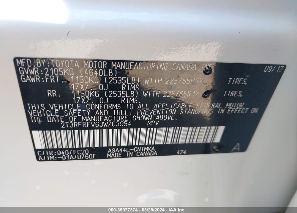 2018 TOYOTA RAV4 XLE VIN: 2T3RFREV6JW703954
