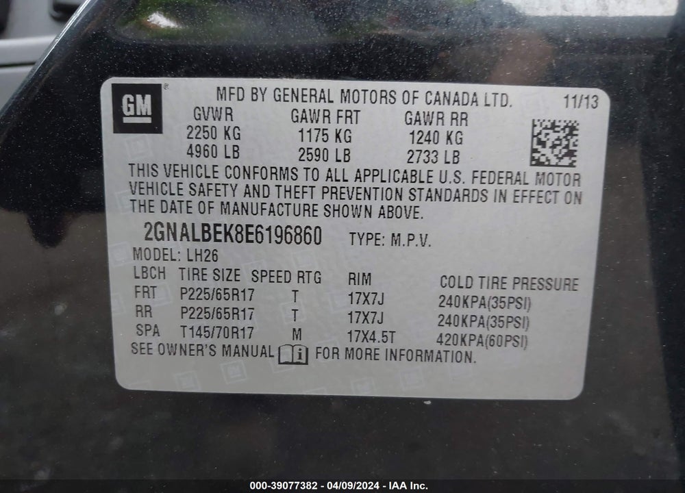 2014 CHEVROLET EQUINOX 1LT VIN: 2GNALBEK8E6196860