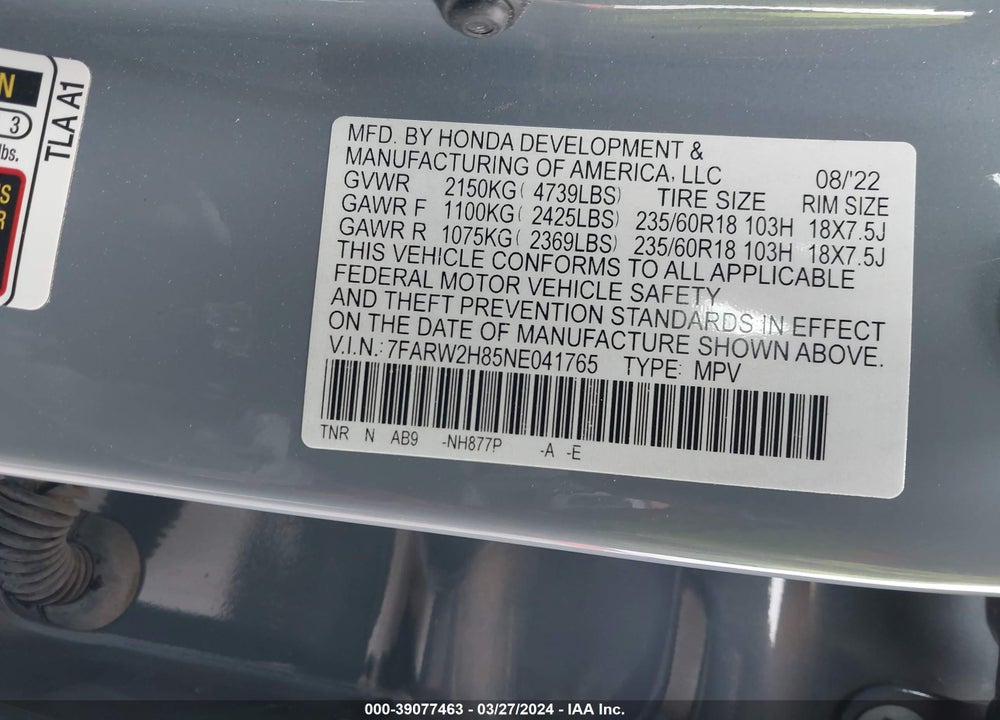 2022 HONDA CR-V AWD EX-L VIN: 7FARW2H85NE041765